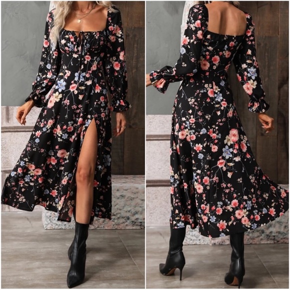 Boho Black Floral Print Ruffle Sleeve Maxi Dress S M L XL - Picture 2 of 3